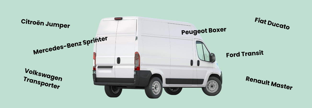 Image with a white van and multiple vehicle brand names that produce light commercial vehicles (Mercedes-Benz Sprinter, Volkswagen Transporter, Renault Master, Ford Transit, Fiat Ducato, Peugeot Boxer, Citroen Jumper) 