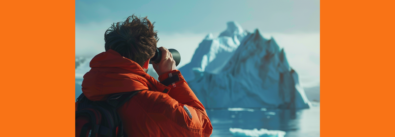 Man using binoculars to spot an iceberg