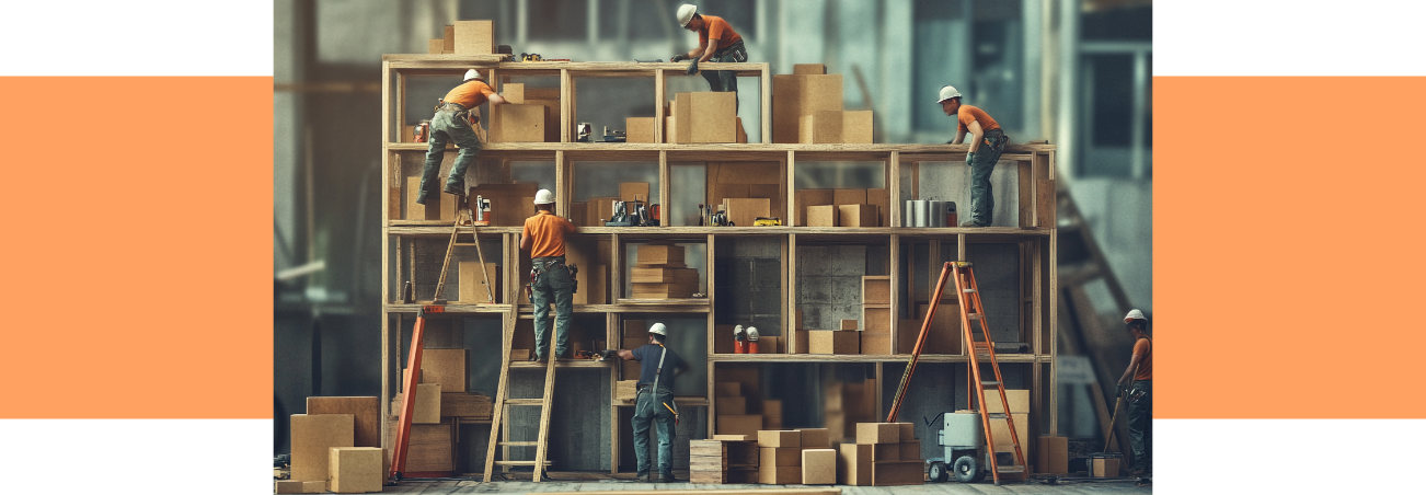 A team working together to build a house, with everyone doing a specialized job.